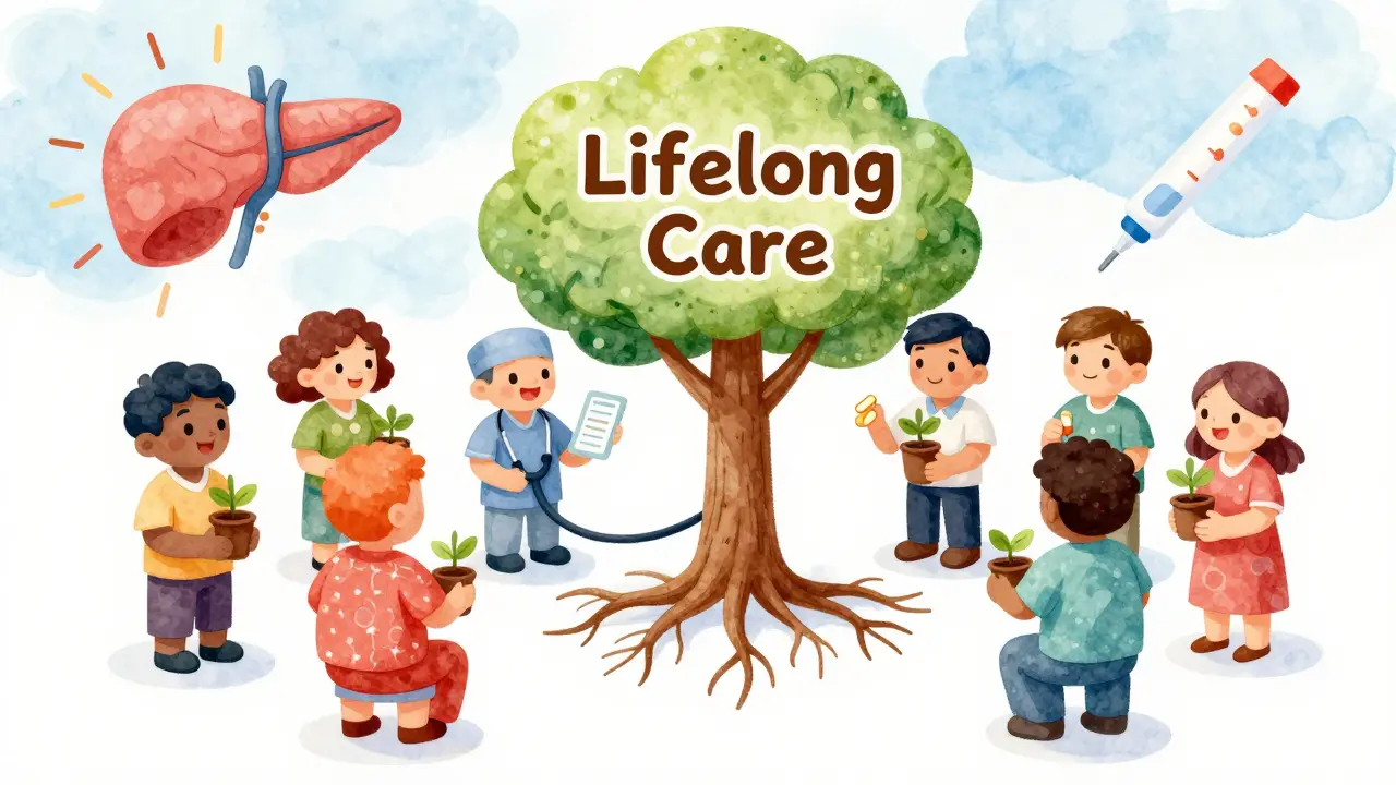 Diverse group of patients in a support circle with a tree growing from a stethoscope, symbolizing lifelong care after surgery.