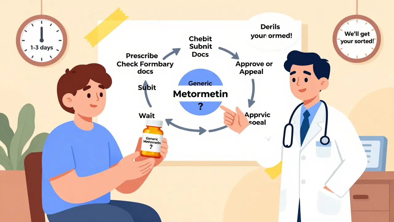Doctor explaining generic medication approval process to patient using a simple visual flowchart.