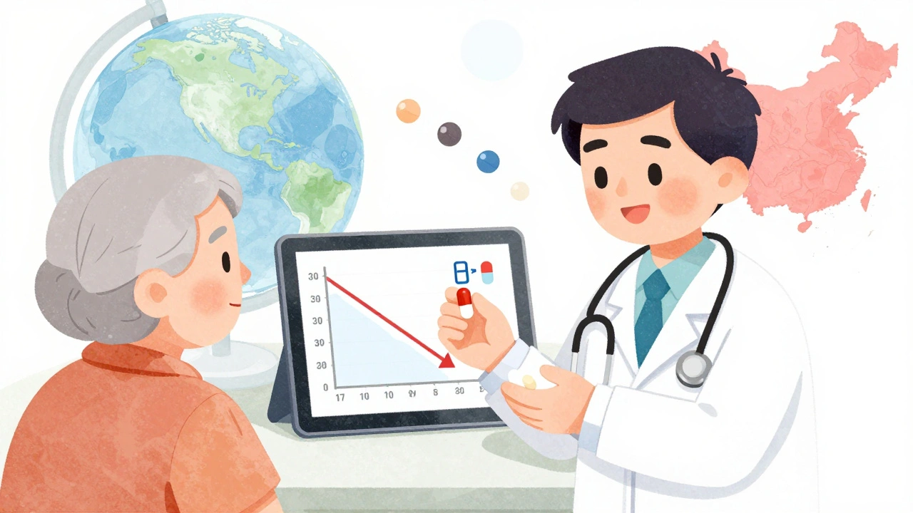 Doctor giving a pill to an elderly patient while a digital graph shows falling drug prices.