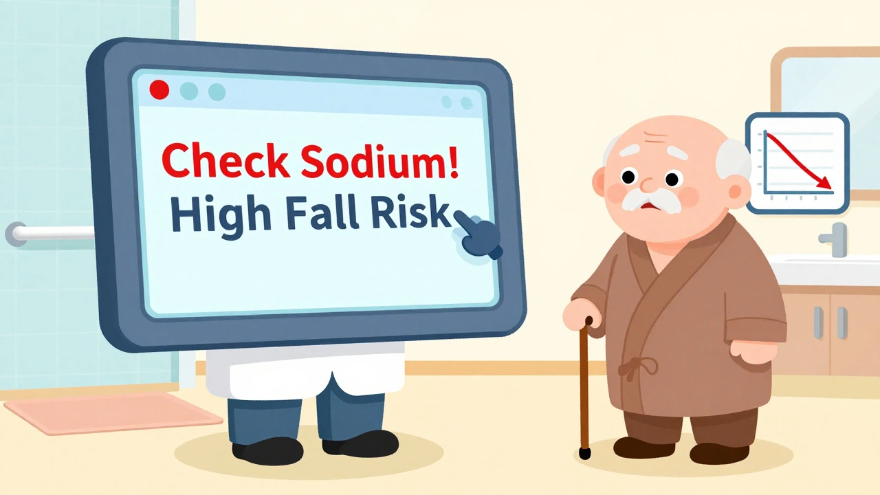 Doctor showing a fall risk alert on a screen to an older man holding a cane in a home-like clinic setting.