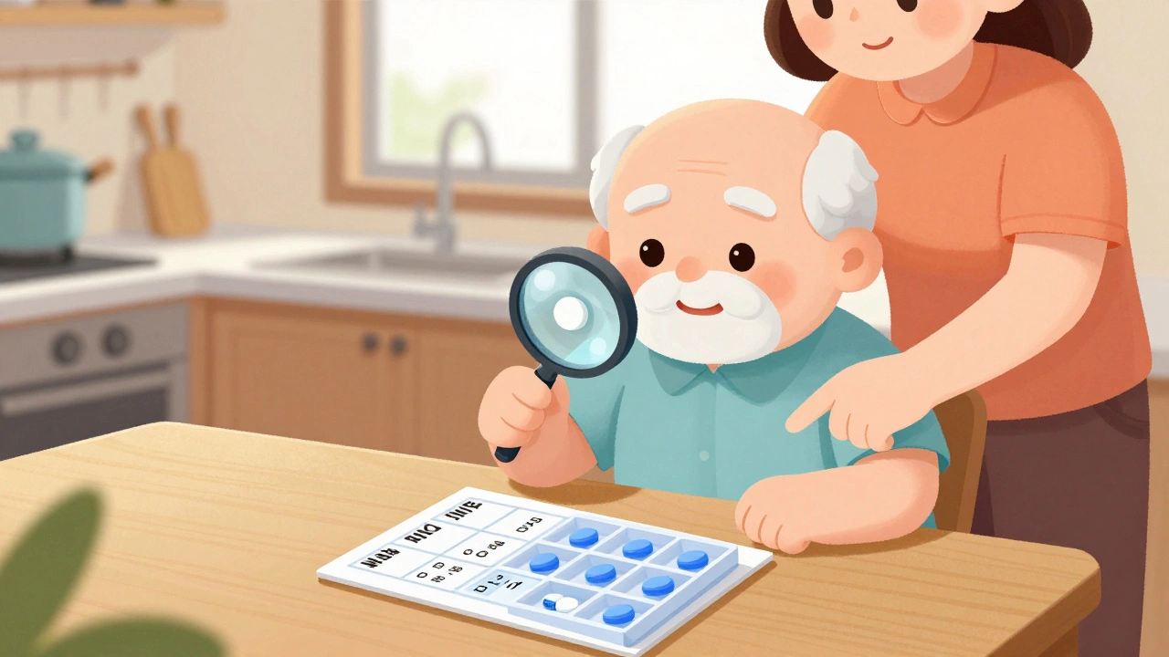 Elderly man using a magnifying glass to compare two pills with a large-print guide at his kitchen table.