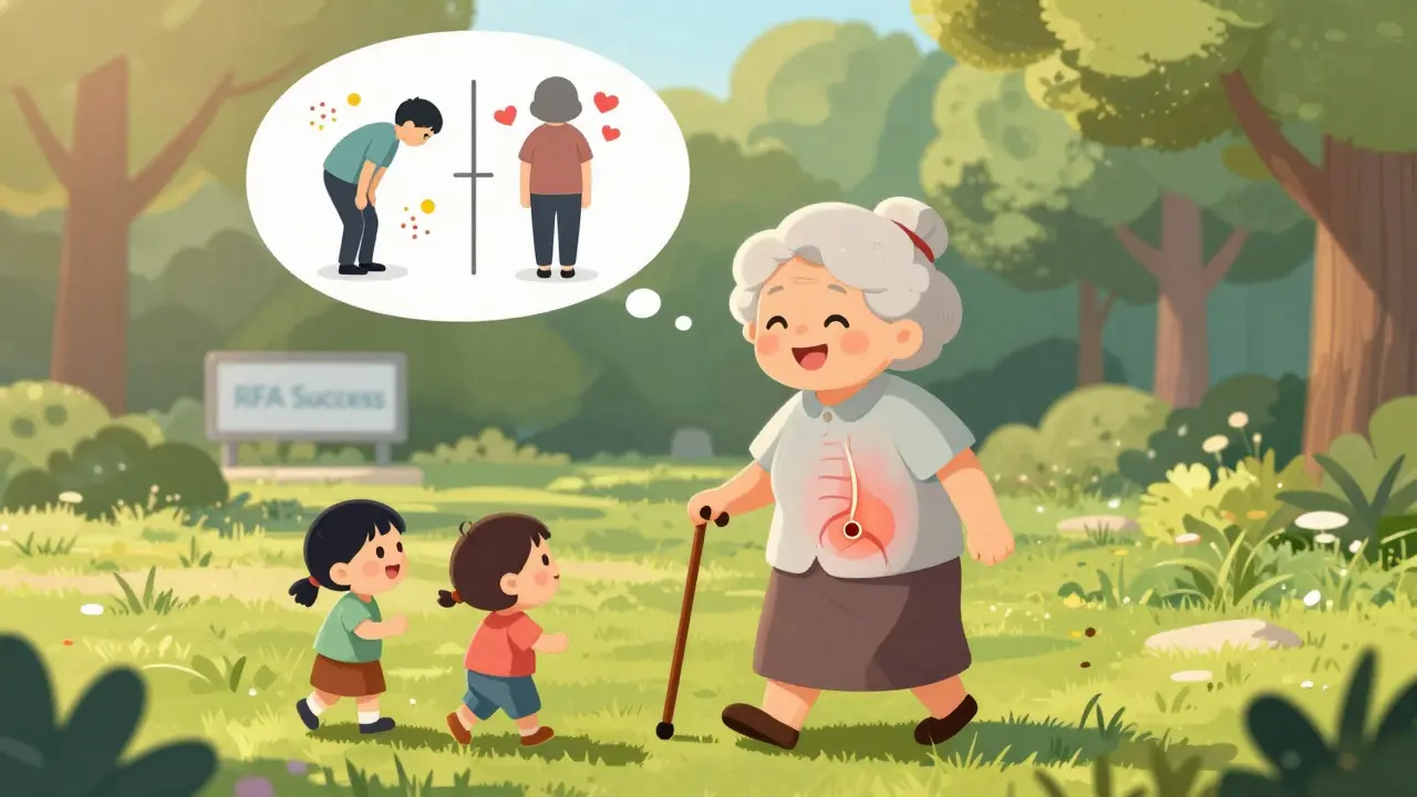 Elderly woman walking happily in a park with grandchildren, symbolizing pain relief after RFA.