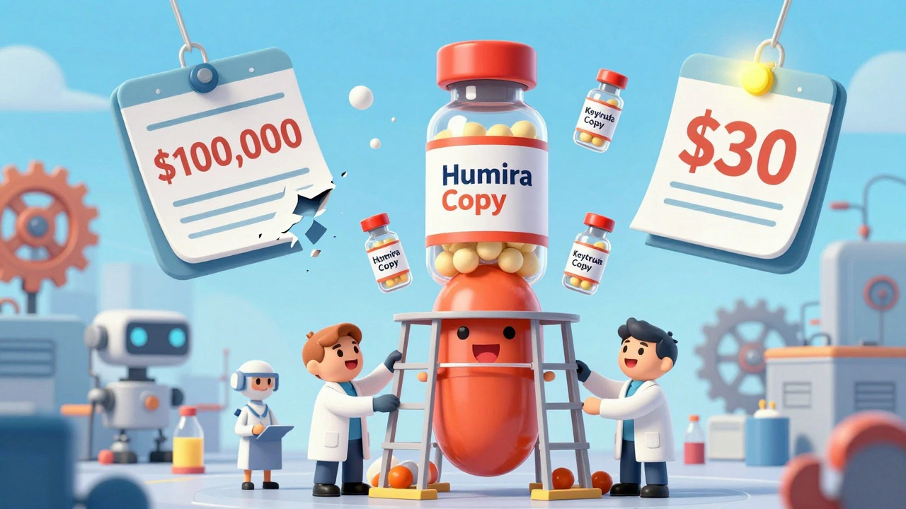 Factory workers building a pill tower with biosimilar vials as branded drug prices crumble.