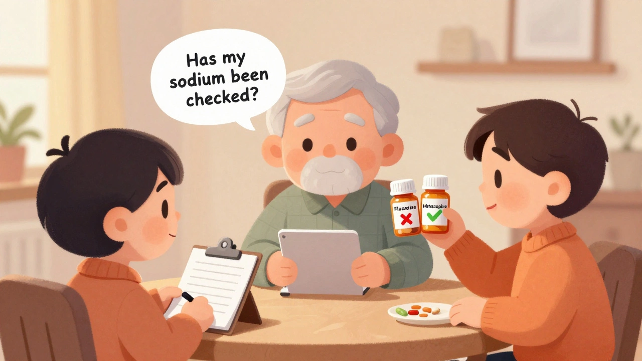 Family discussing medication options at the dinner table, comparing pill bottles with color-coded safety labels.