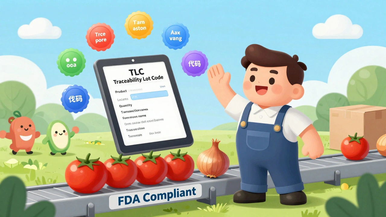 Farm worker and warehouse manager celebrating a Traceability Lot Code with floating data badges on a tablet.