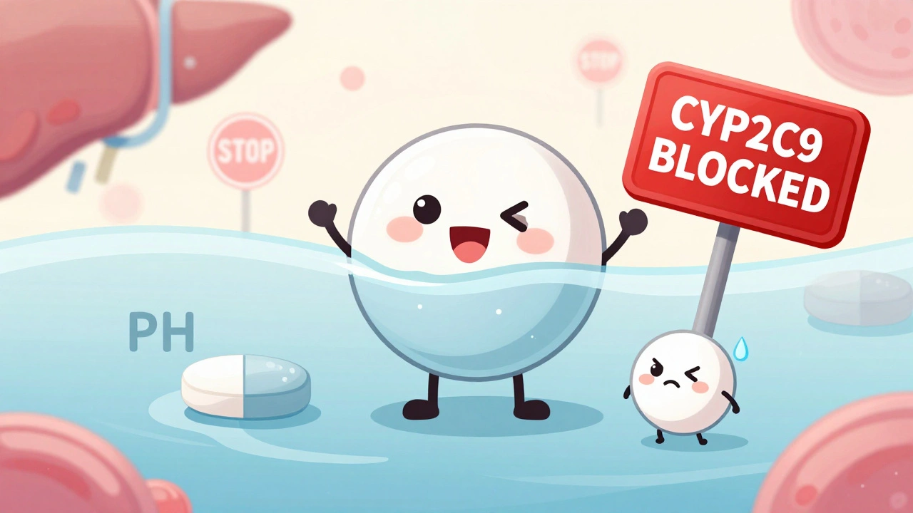 Fluconazole pill beside a PPI, with a nervous warfarin pill and a &#039;CYP2C9 BLOCKED&#039; warning sign.