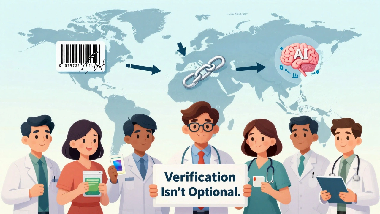Global map showing counterfeit medicine flow with verification tools and diverse healthcare workers.