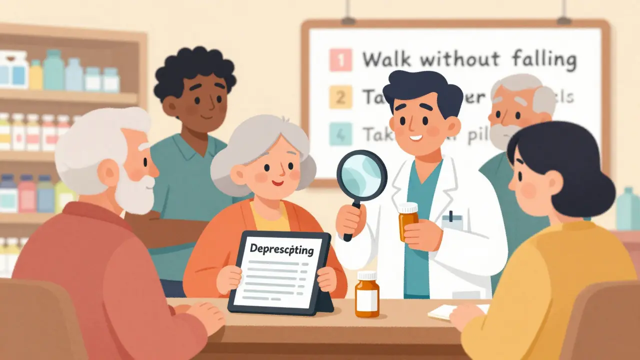 Group of seniors and pharmacist in pharmacy, reviewing meds with checklist and goals on whiteboard.