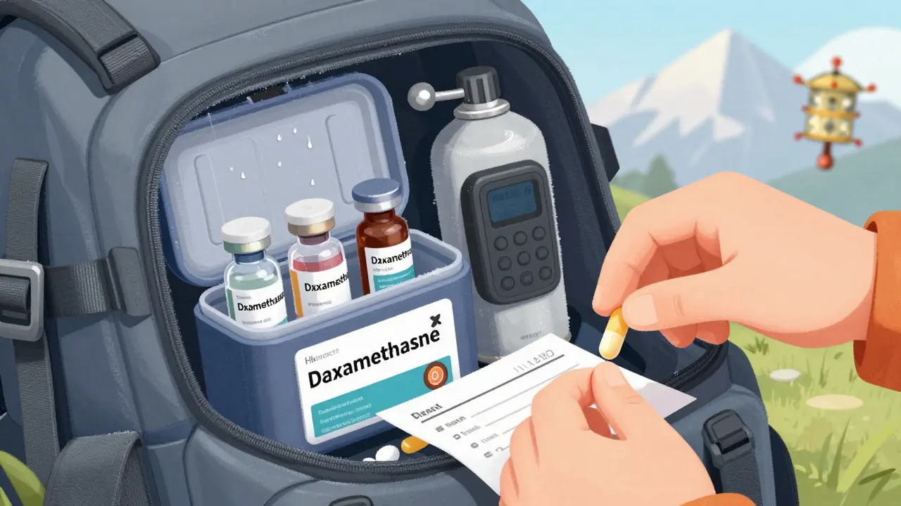 Insulated medication cases, glucometer, and oxygen canister neatly packed in a trekker's backpack.