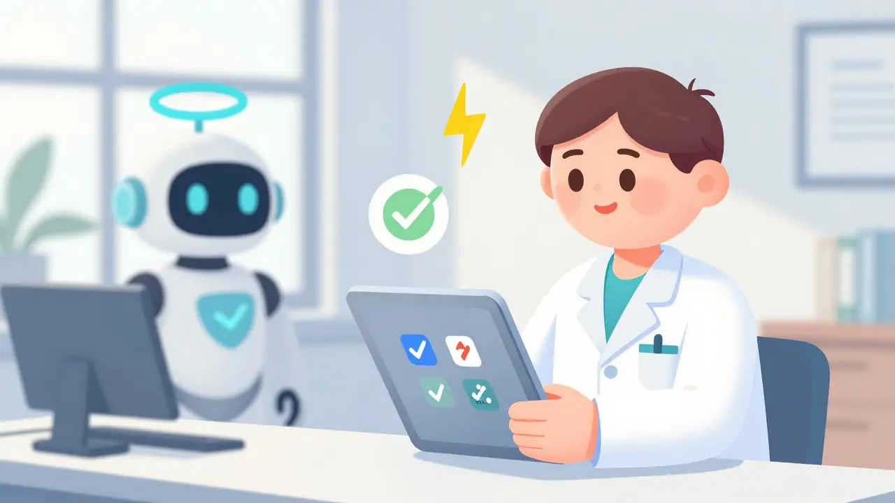 Medical assistant submitting a generic drug prior authorization electronically with an AI robot approving it.