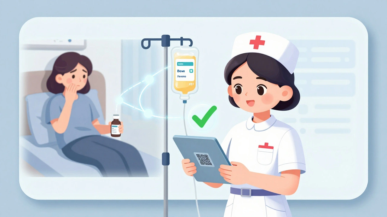 Nurse scanning an IV bag’s QR code in a hospital, with a confirmation animation showing correct patient and medication.