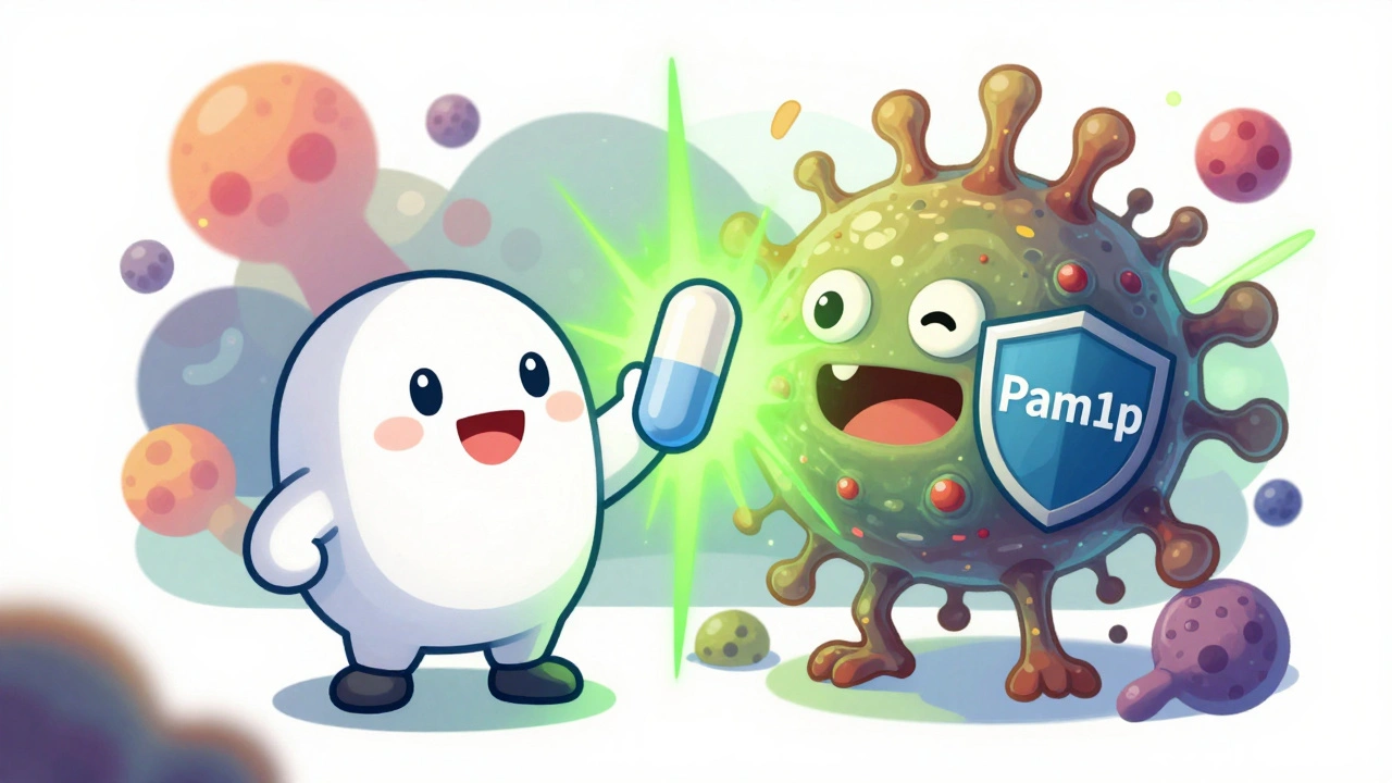 Omeprazole and fluconazole pills high-fiving to defeat a resistant fungus in a lab scene.