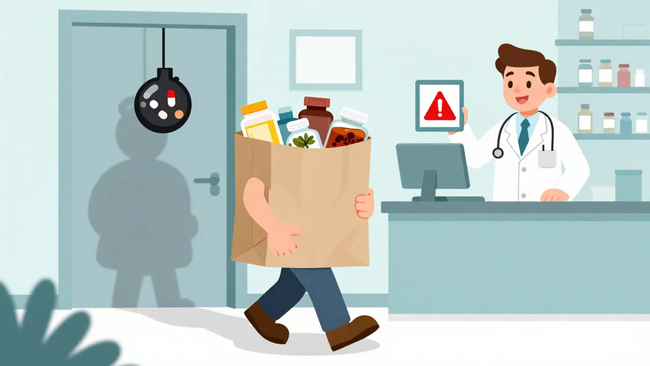 Patient bringing supplements in a brown bag to a pharmacist for interaction check