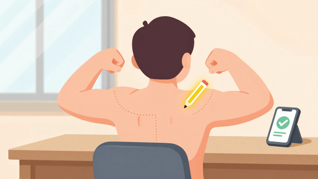 Person doing scapular retraction exercise at a desk, shoulder blades squeezing together.