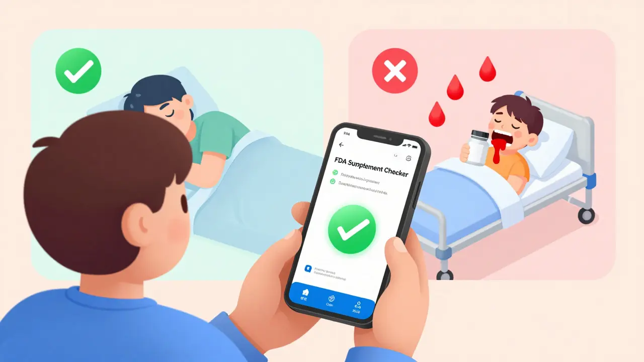 Person scanning a supplement with a phone app that detects dangerous drug interactions