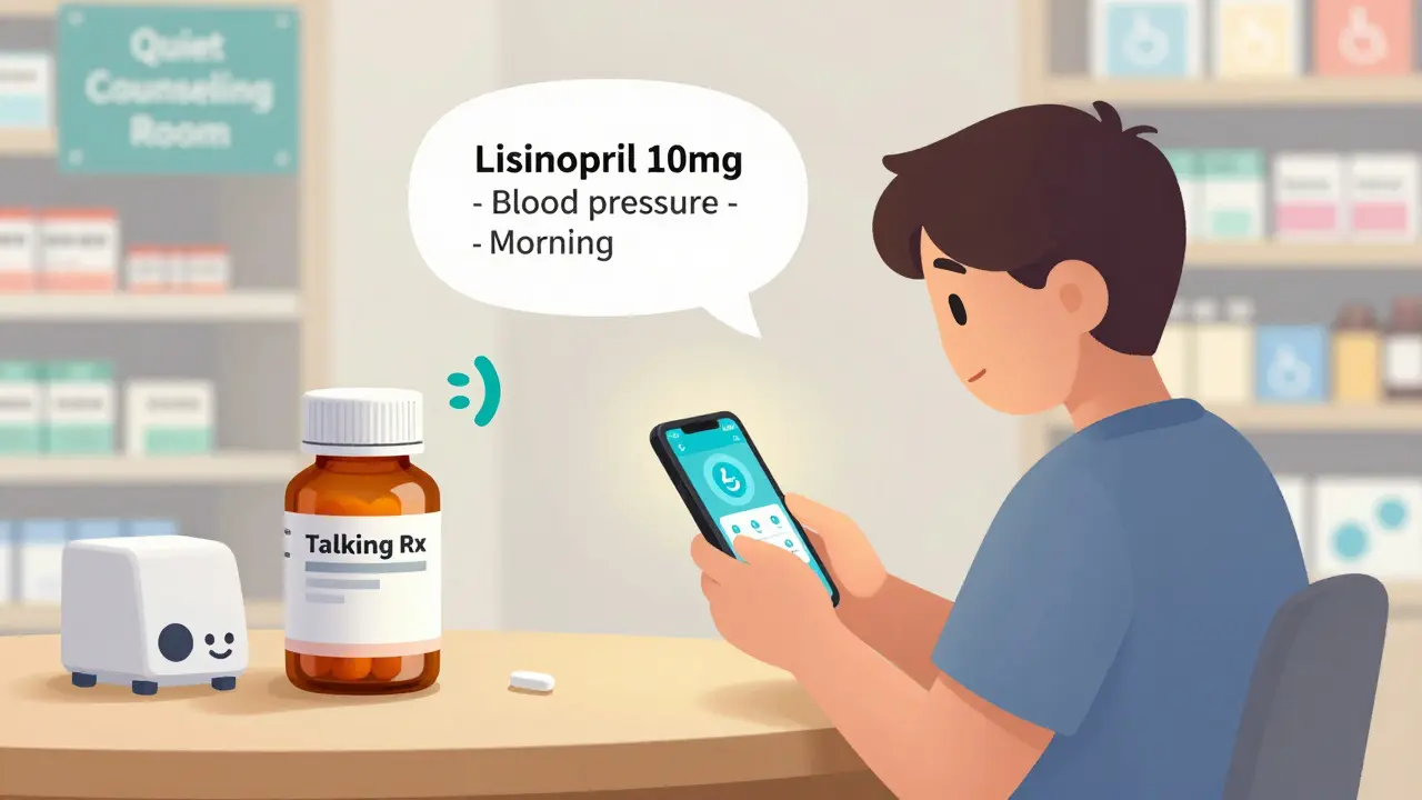 Person scanning pill bottle with phone app while a talking device gives medication info.