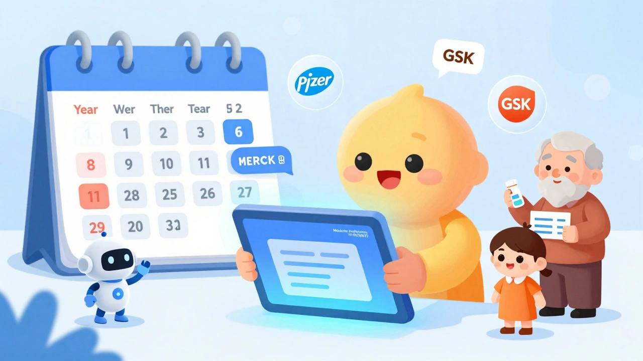 Person using a tablet to find drug assistance programs, with company logos and reapplication reminders nearby.