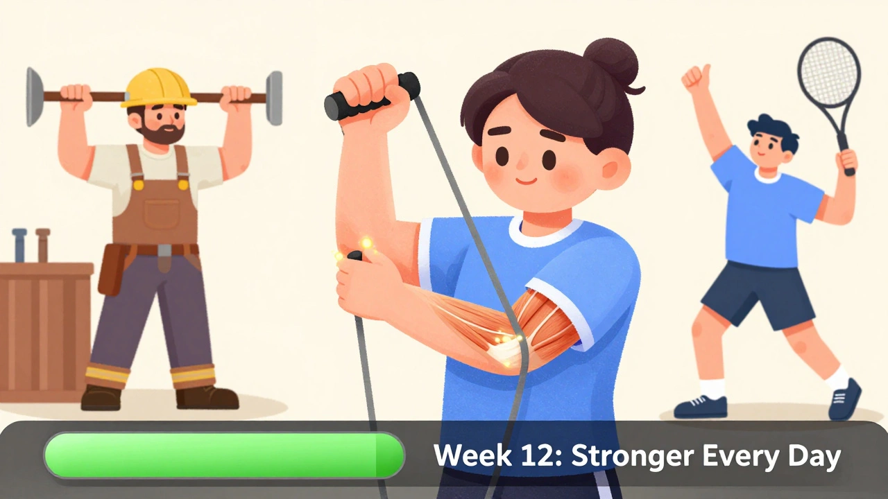 Person using resistance band for rotator cuff strengthening with progress shown in background.