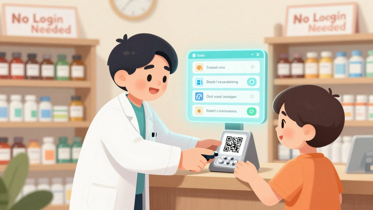 Pharmacist helping a patient scan a QR code on a pill pack, with a digital safety label displayed above.