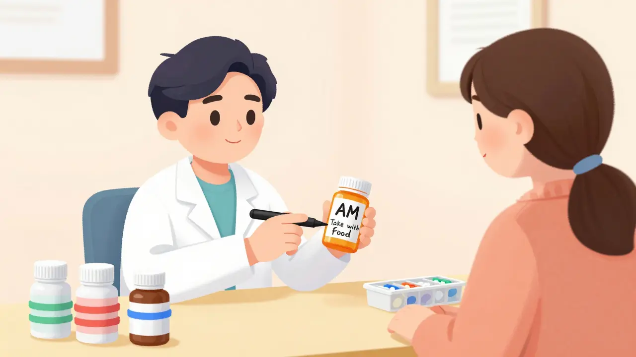 Pharmacist labeling a pill bottle with marker and colored rubber bands in a quiet room.