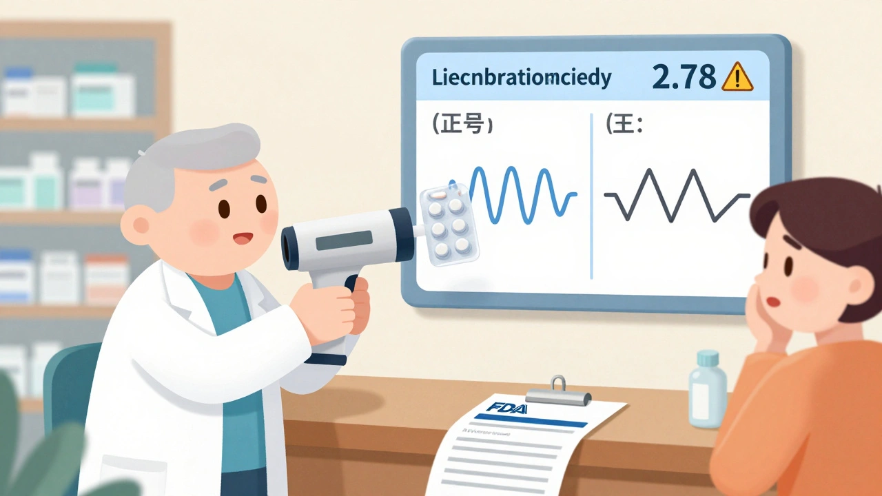 Pharmacist scanning generic tablets with a handheld spectrometer that detects fake chemicals.