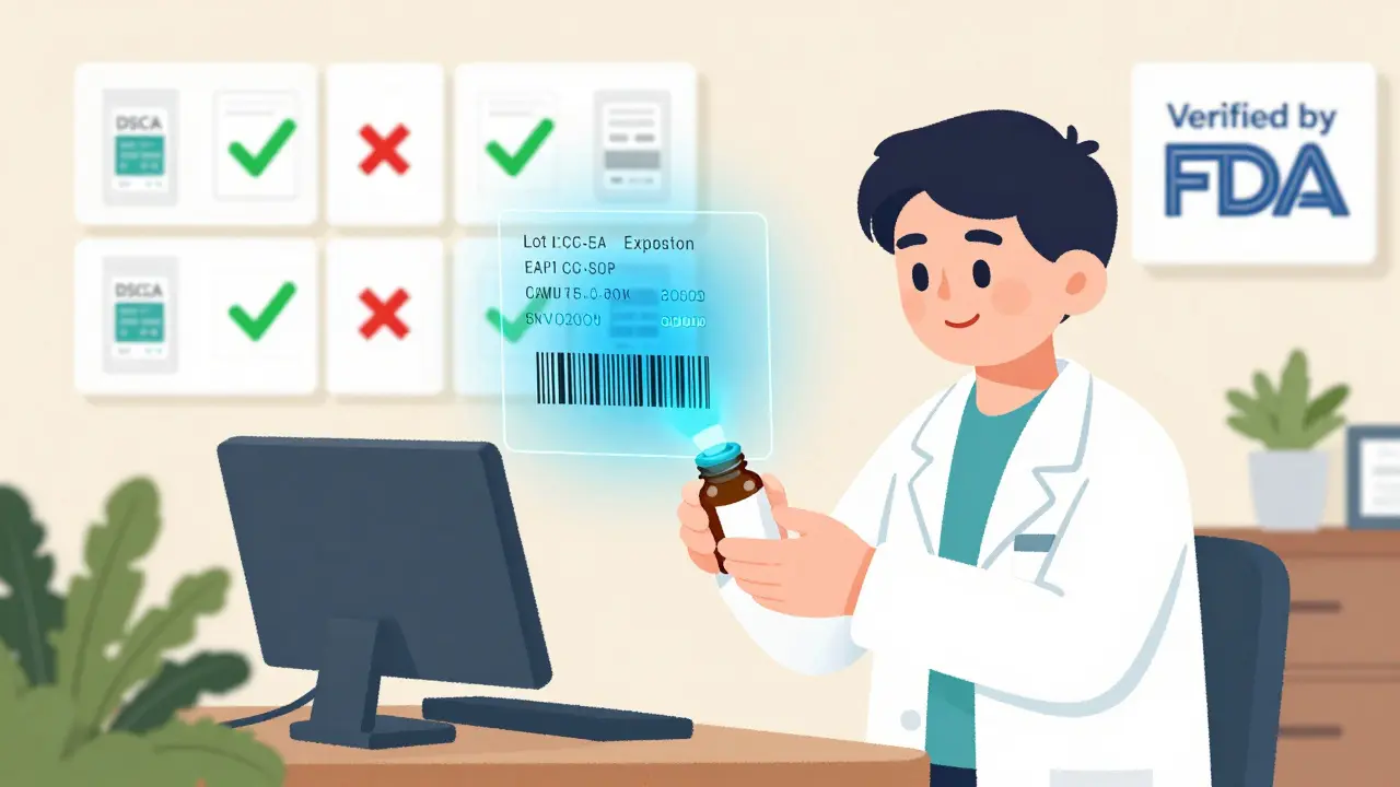 Pharmacist scans pill bottle with 2D barcode, digital verification data floating in the air.