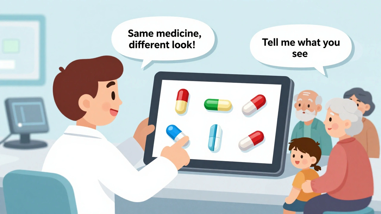 Pharmacist using a tablet to explain pill changes to seniors and a parent in a healthcare setting.