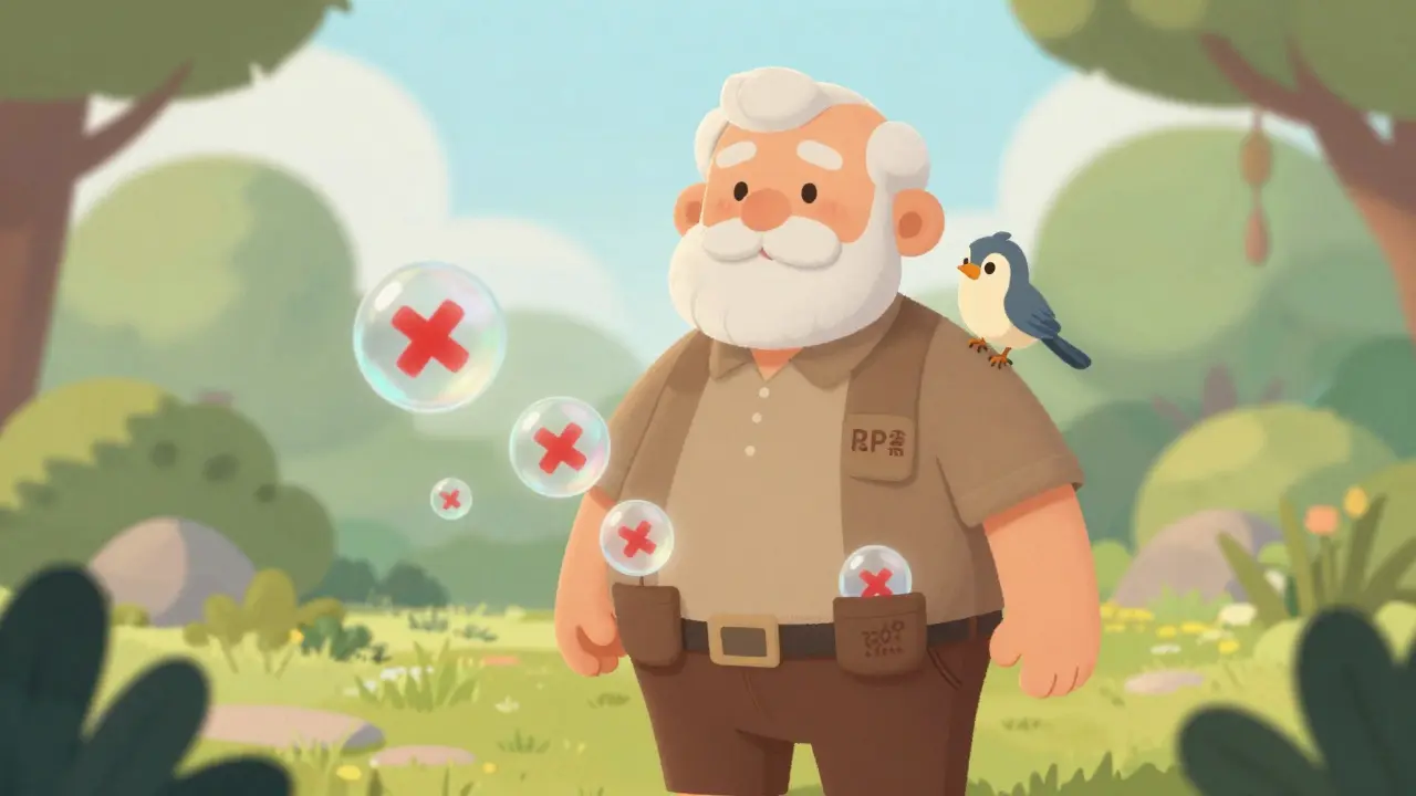 Senior man in garden as unnecessary pills float away, bird on shoulder, symbolizing improved health.