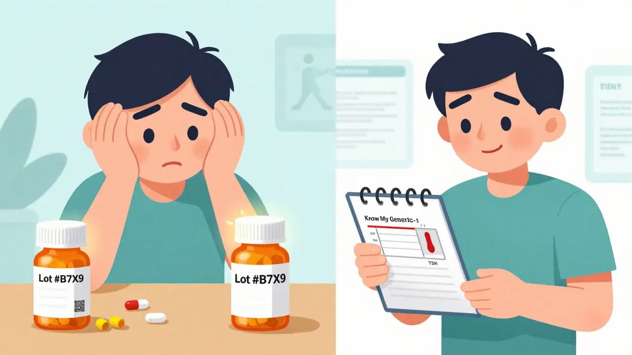 Split image: person feeling unwell vs. healthy after tracking and switching generics.