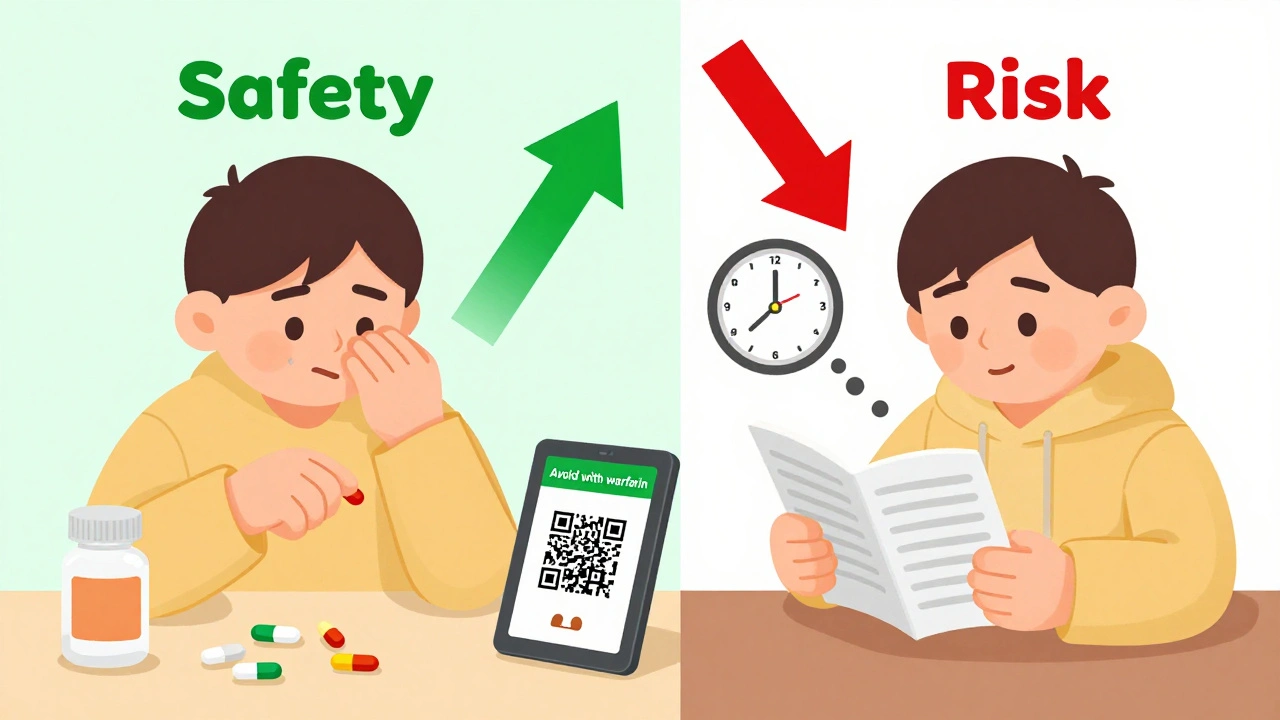 Split scene: one person ignoring medication risks, another safely spacing doses with a digital warning tablet nearby.
