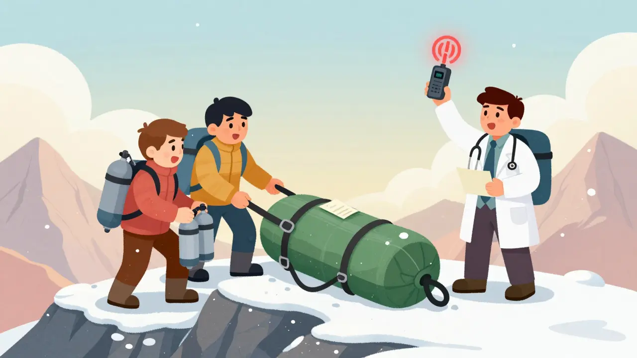 Trekker in hyperbaric bag being assisted by companions with satellite messenger glowing above.