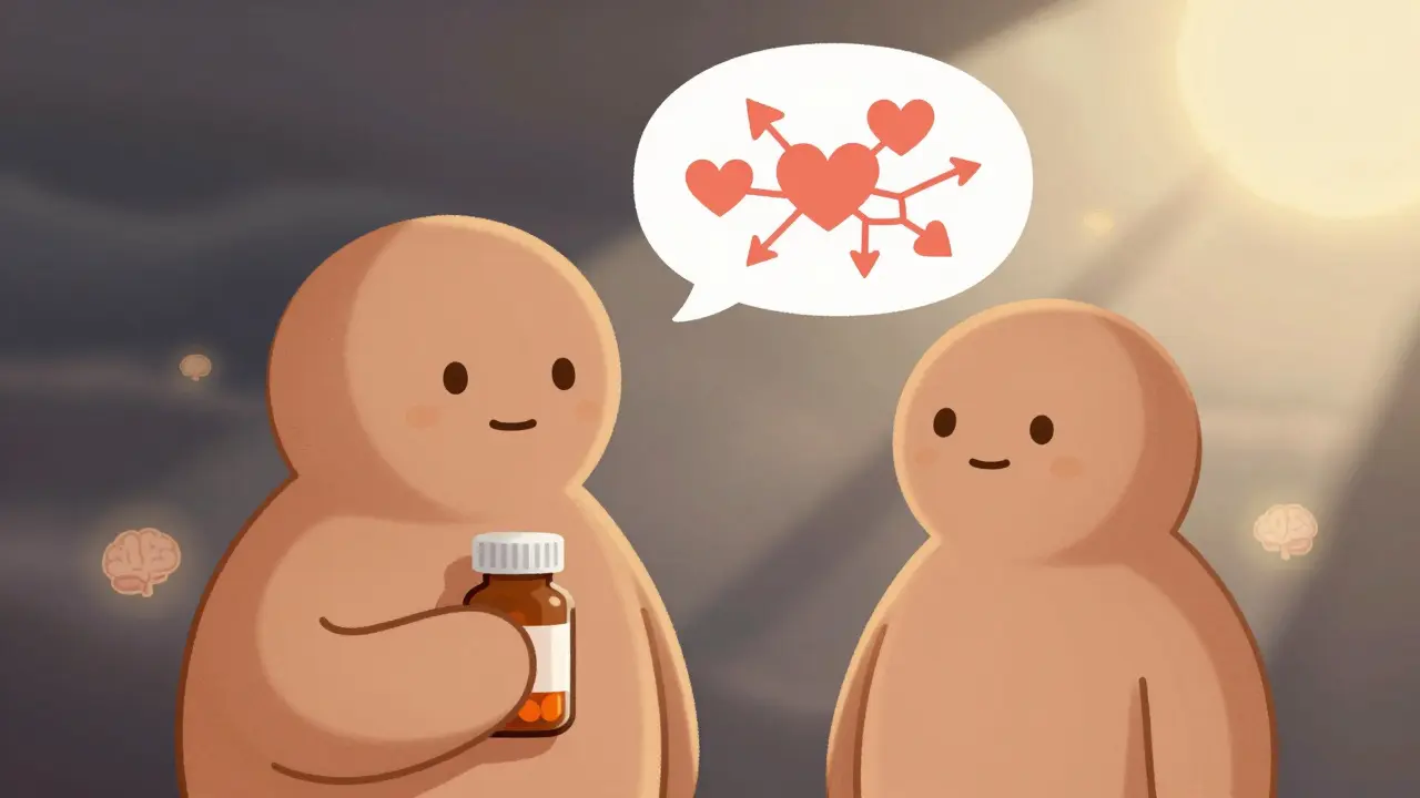 Two figures representing medication and therapy, with a split sky showing dark and bright sides, brain icons glowing softly.