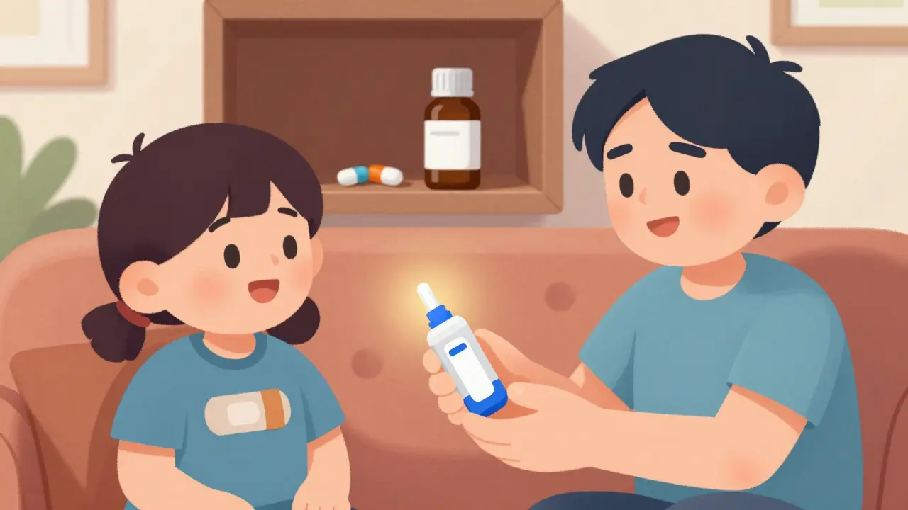 A family member handing naloxone to someone, with safe medication storage visible in the background.