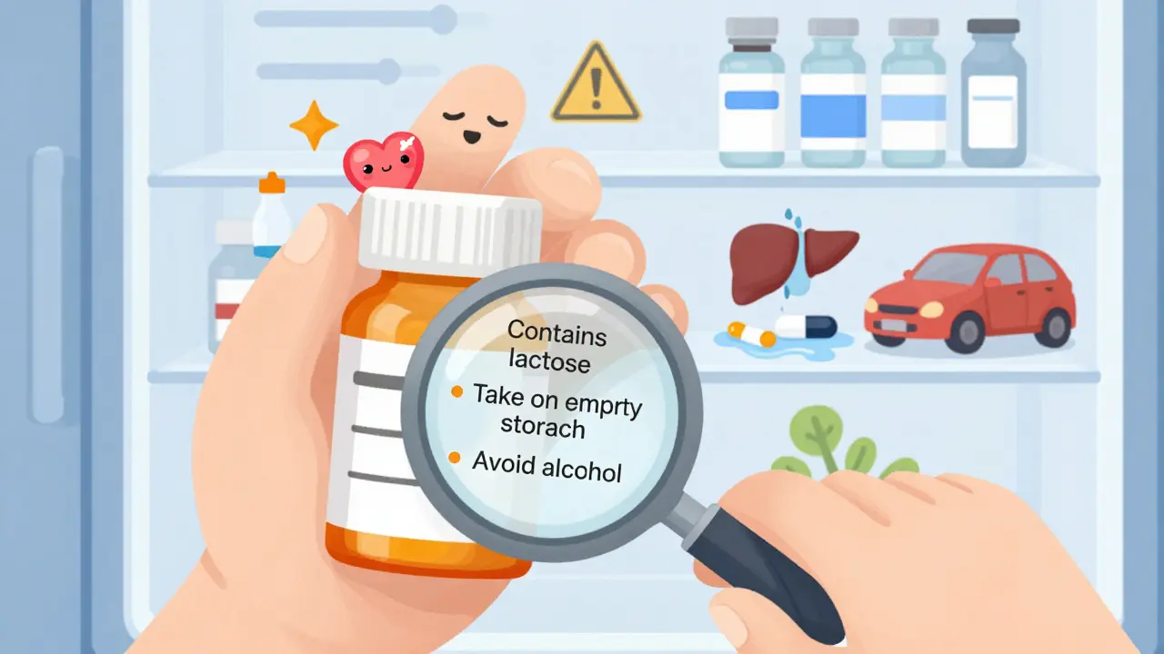 A hand examines a pill bottle with magnifying glass revealing hidden warnings about ingredients and usage.