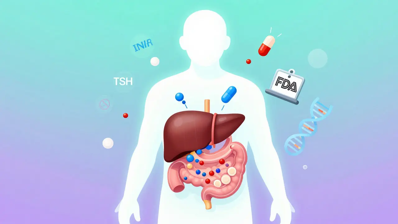 A human silhouette reveals internal reactions to generic drug fillers, with colored particles triggering absorption or alarms near liver and gut.