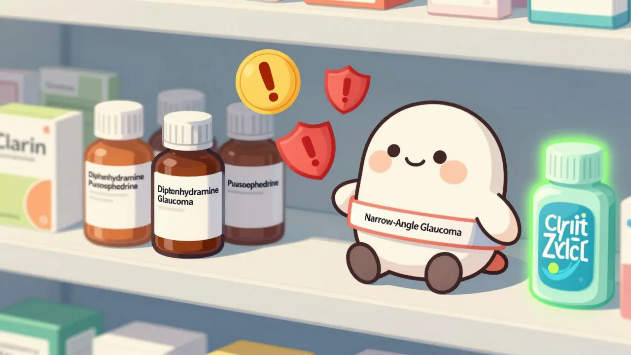 A medical ID bracelet on a pharmacy shelf beside warning labels for unsafe allergy medications.