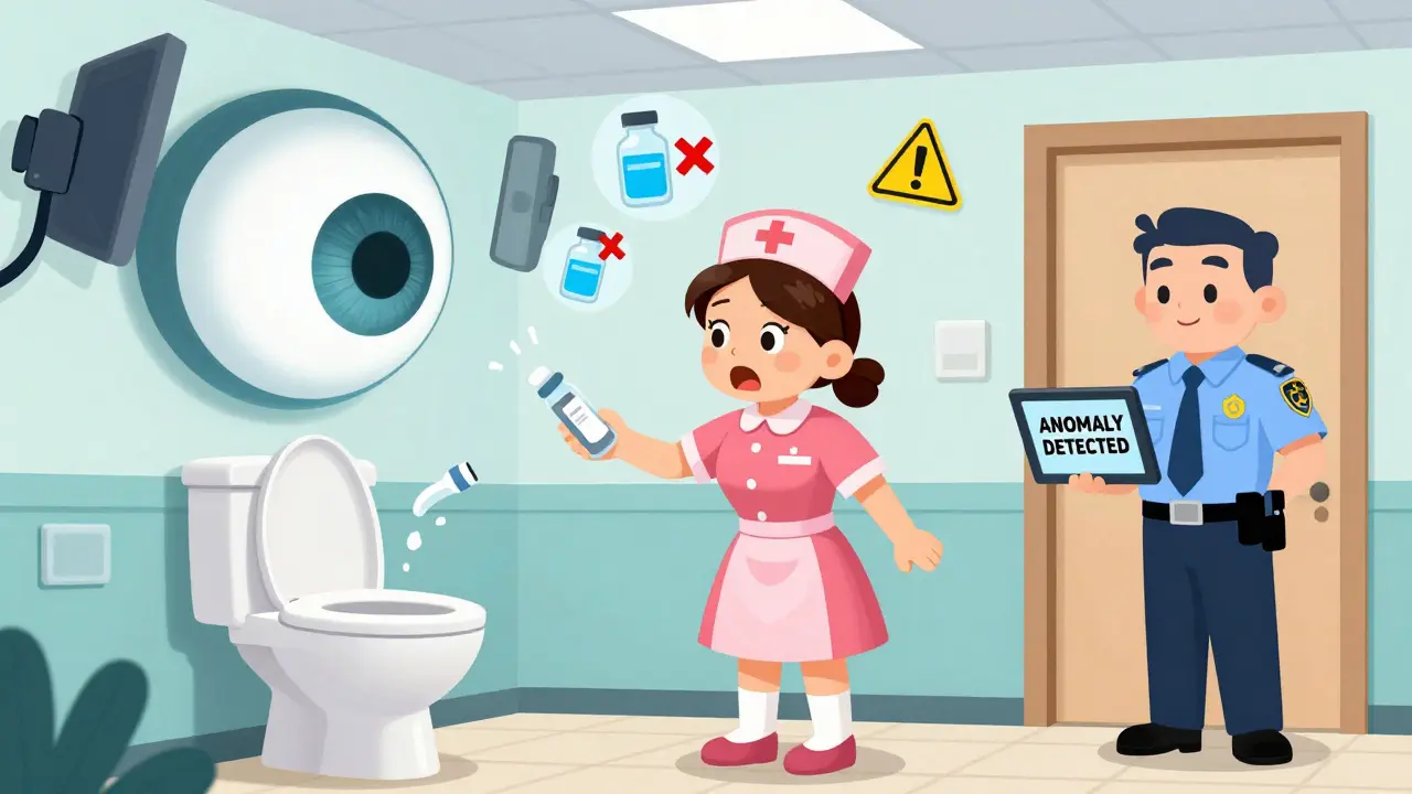 A nurse caught trying to flush drugs while an AI eye watches from above.