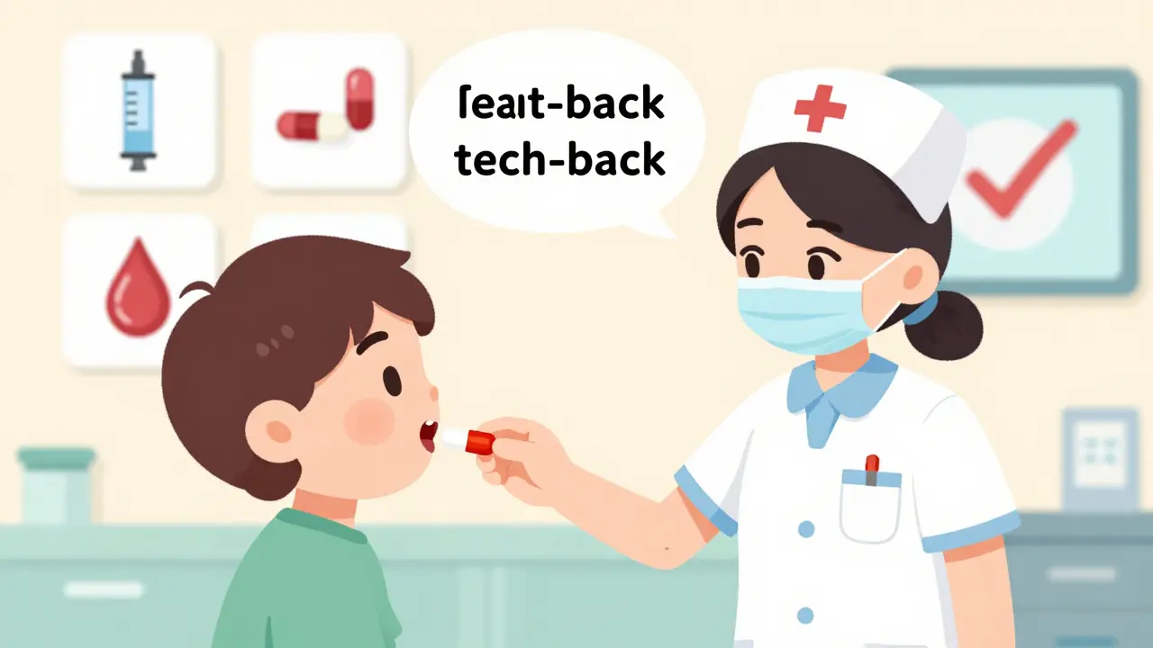 A nurse watches a patient take medicine, using the teach-back method to ensure understanding.