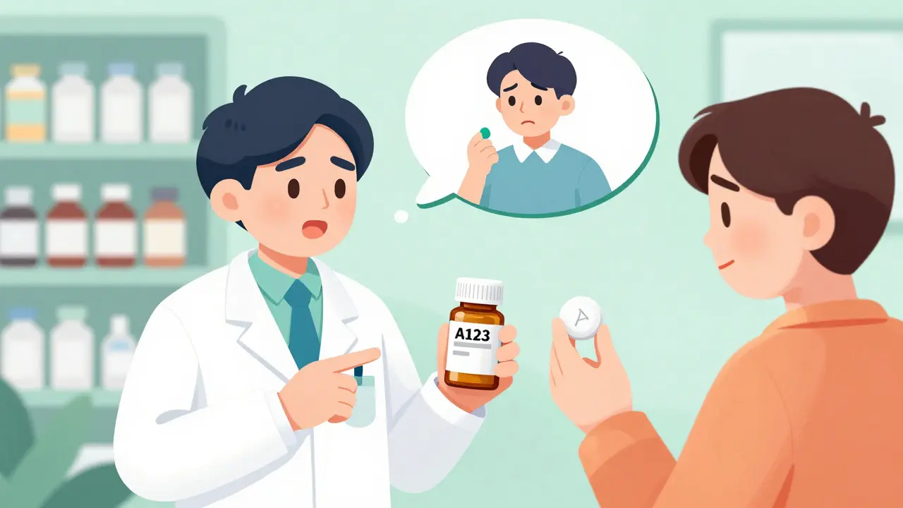 A patient compares a pill’s appearance to its label description while a pharmacist guides them, in rounded cartoon style.