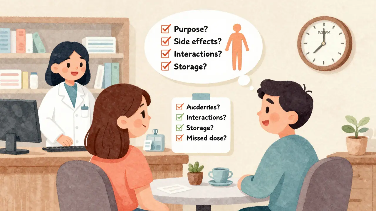 A patient repeats medication instructions to a pharmacist in a consultation room with a safety checklist nearby.