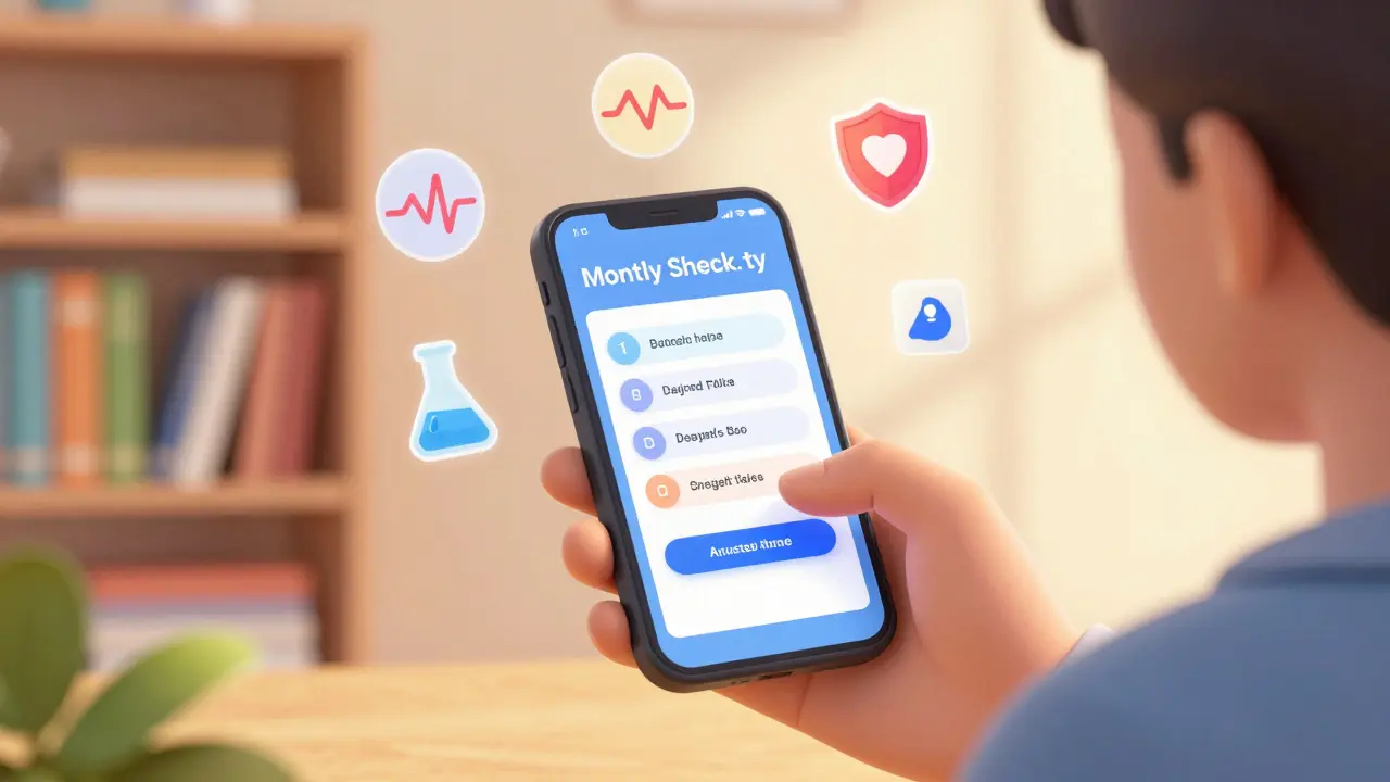 A person completing a safety survey on their phone at home with protective icons floating nearby.