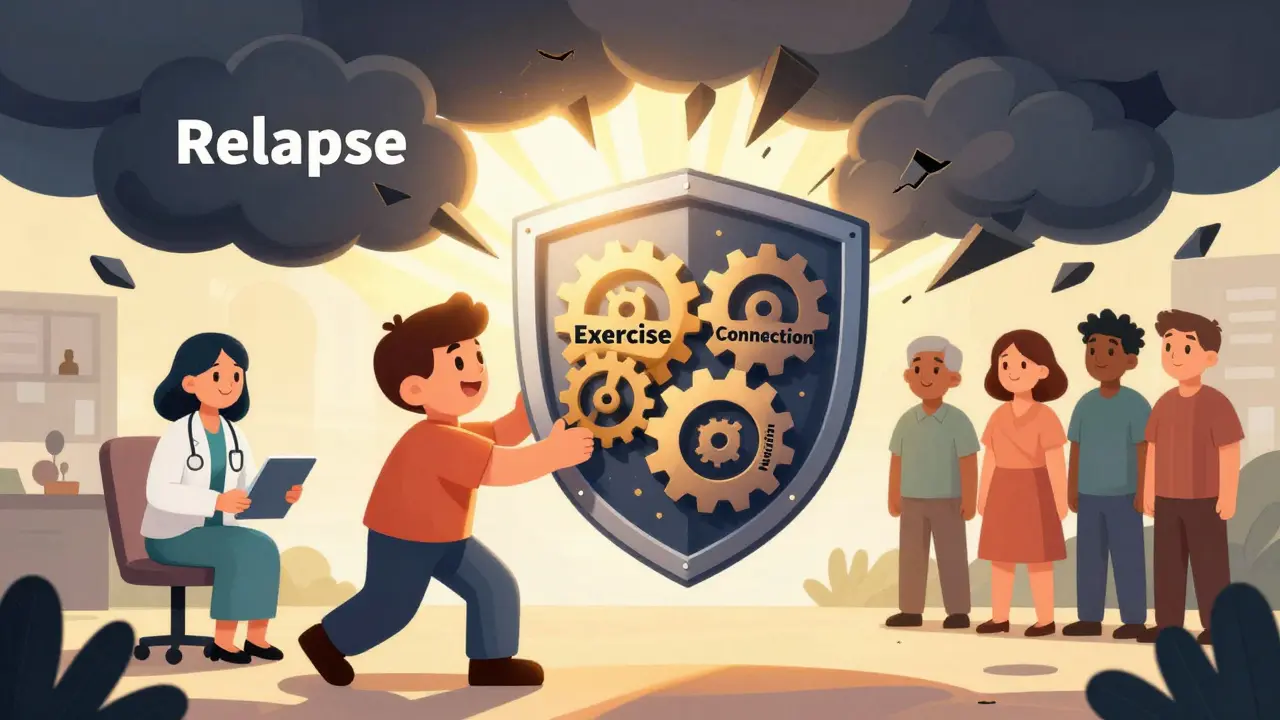 A person using a shield of healthy habits to push away a relapse storm cloud.