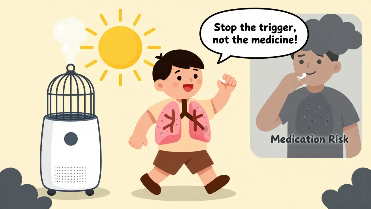 A person walking away from a birdcage and humidifier as their lungs heal, while another person takes a pill with a dark cloud above.