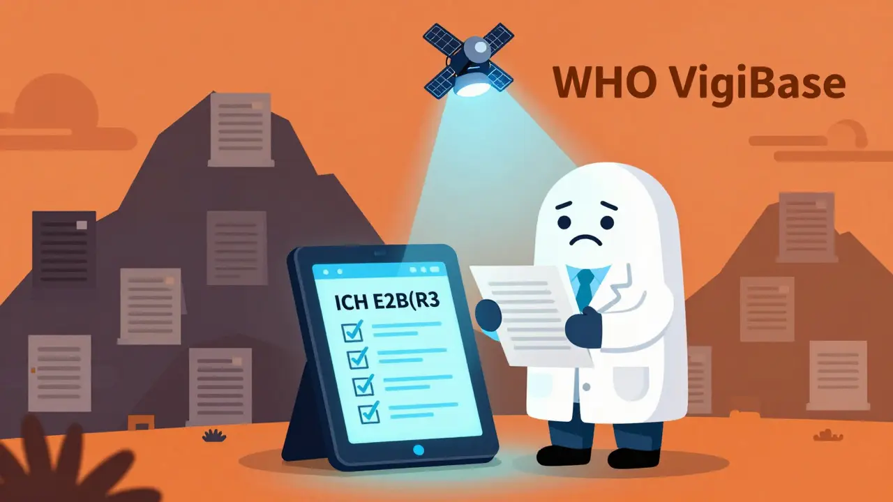 A pharmacist in a developing country compares a paper report with a digital ICH E2B(R3) system, highlighting the data gap.