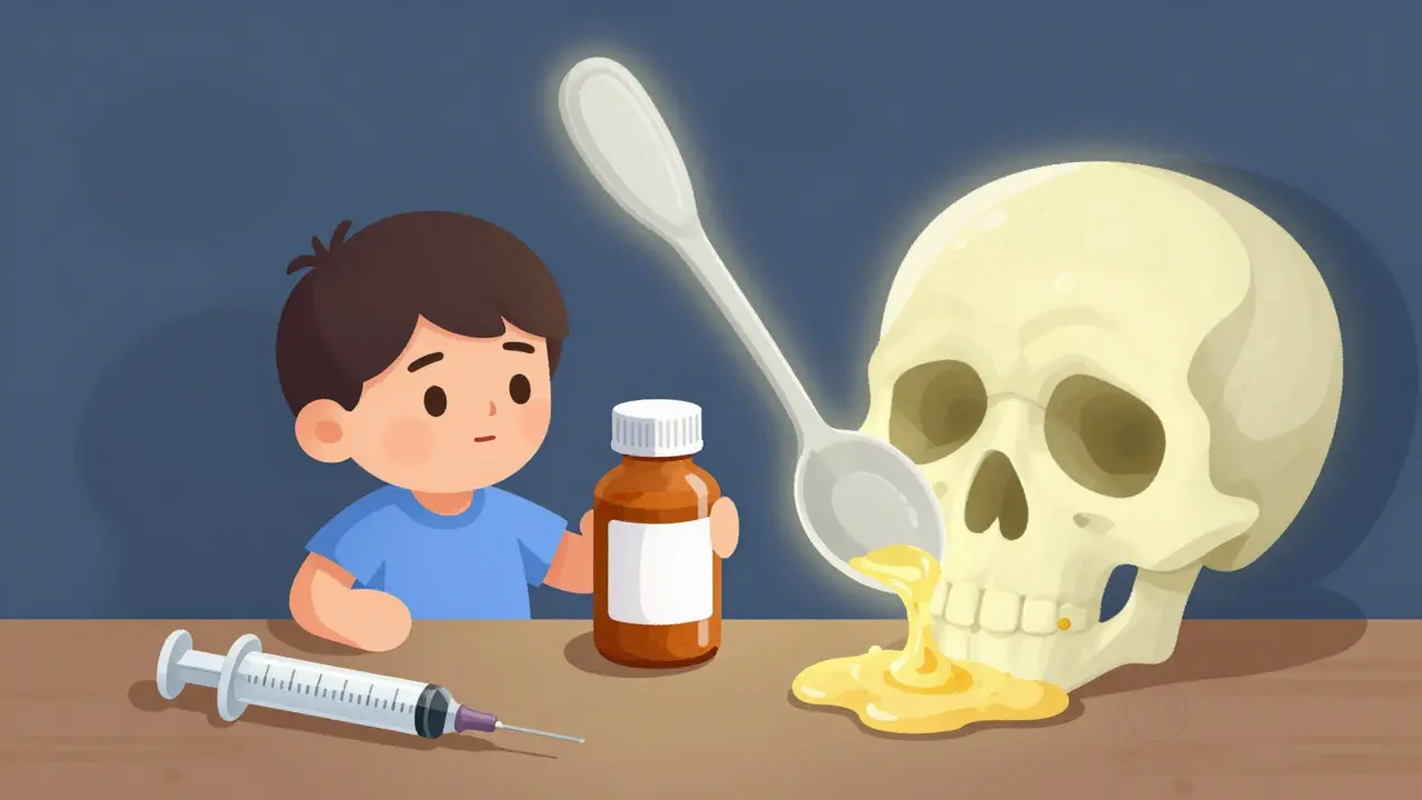 A teenager mistakenly using a kitchen spoon to measure liquid medication, with a dangerous overdose symbol looming.