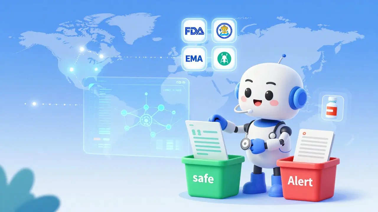 An AI system analyzes global drug safety data with glowing connections between continents and alert indicators.