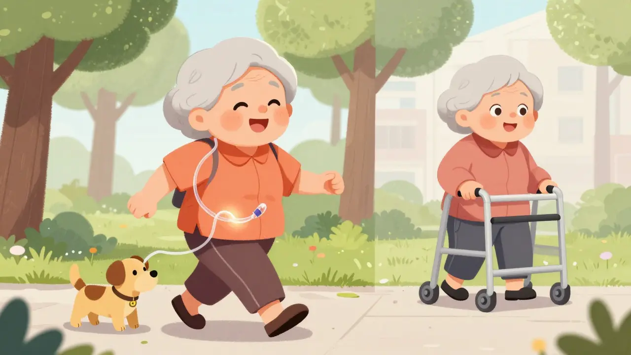 An elderly woman walking happily with her dog, shunt tube faintly visible under her skin.