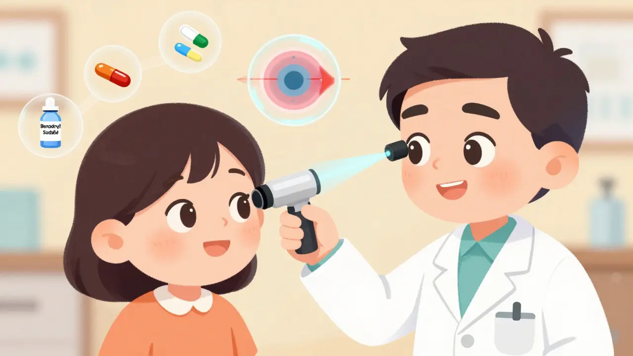 An eye doctor performing a painless gonioscopy test, with dangerous meds being erased by a laser.