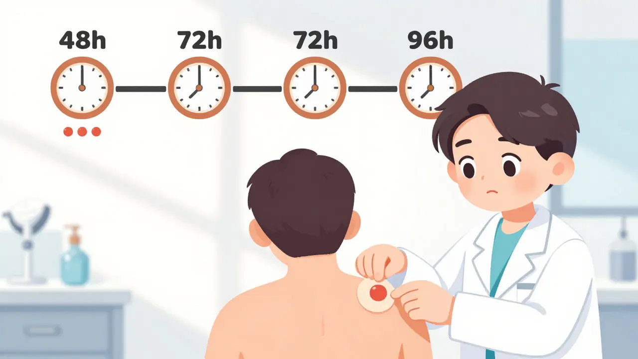 Dermatologist applying patch test patches to patient's back with timeline of reactions.