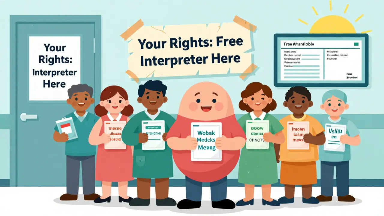 Diverse patients hold multilingual medication packets outside a hospital with a sign offering free interpreters.